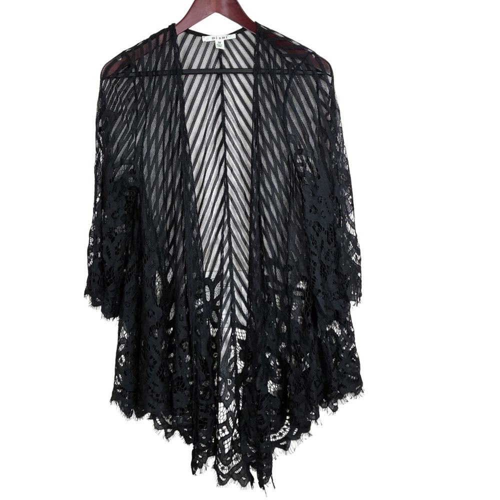 Kimono Cover Up Sz M Lace Open Knit Fairy Whimsigoth Festival Witchy Black Boho